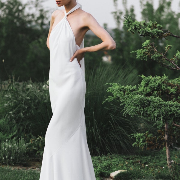 Silk front knot ivory wedding dress, Modern twist halterneck crepe dress, Bridal halter tie gown, Crossover neckline bridal gown / EMMA