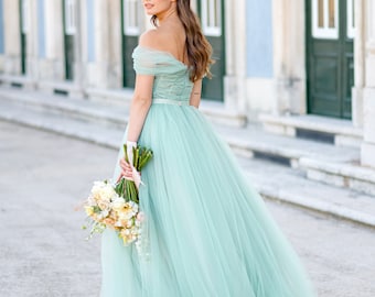 Wedding dress off-shoulder Bridal gown pastel mint full tulle Evening ball gown with draped corset Wedding dress backless