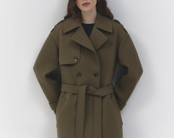 Khaki wool trench coat / Fall windproof overcoat / Long warm trench coat/ Double-breasted trench coat // BAILEY