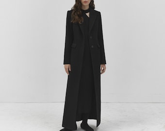 Black maxi long wool coat / autumn wool tapered coat / warm lined coat / Tapered fitted coat // ALEX