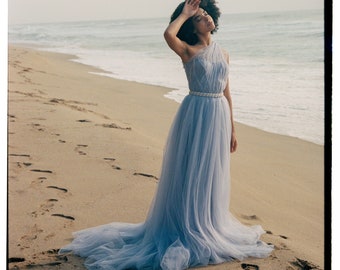 Lavender tulle bridal dress / one shoulder bridal gown / Draped full wedding gown / Evening dress gown