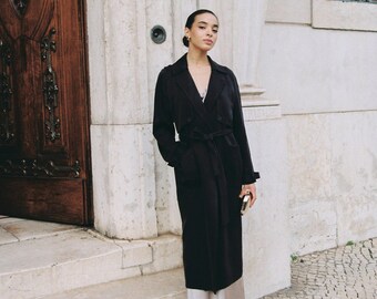 Silk black trench coat / Long spring overcoat / cupro silk overcoat/ Double-breasted trench coat