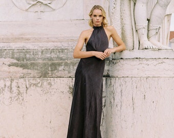 Silk dark gray bridal dress, Fitted halterneck wedding gown, bridesmaid sleeveless gown, Open back bridal dress