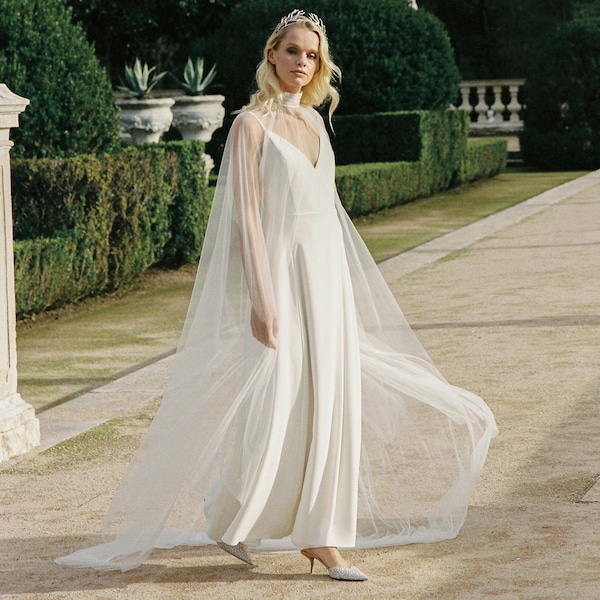 Tulle transparent wedding cape / Hight collar bridal cape / wide bridal cape / shoulder cape veil / natural white bridal cover up