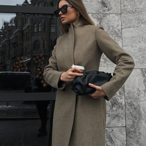 Warm gray beige coat / winter wool tapered coat / Maxi long warm coat / autumn fitted coat //