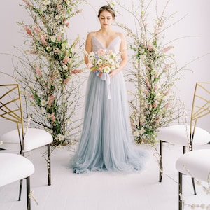 Tulle wedding dress / Full wedding gown / Slip wedding dress / Blue bridal gown / Simple wedding dress