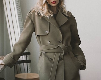 Trench oversize wool cotton / Long trench coat/ Double-breasted overcoat / Autumn windproof coat/ lined coat // BAILEY