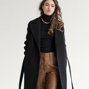 Black Wrap Coat - Autumn wool blend Overcoat - MELISSA