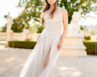 Boho wedding dress with slit / hand embroidered sleeveless bridal gown / open back bridal dress / beige bridal gown / celestial bridal dress