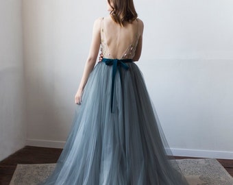 Dark blue wedding dress, Tulle bridal full dress, Bridal bow sash dress, Wedding separate SAMPLE SALE // VALERIE