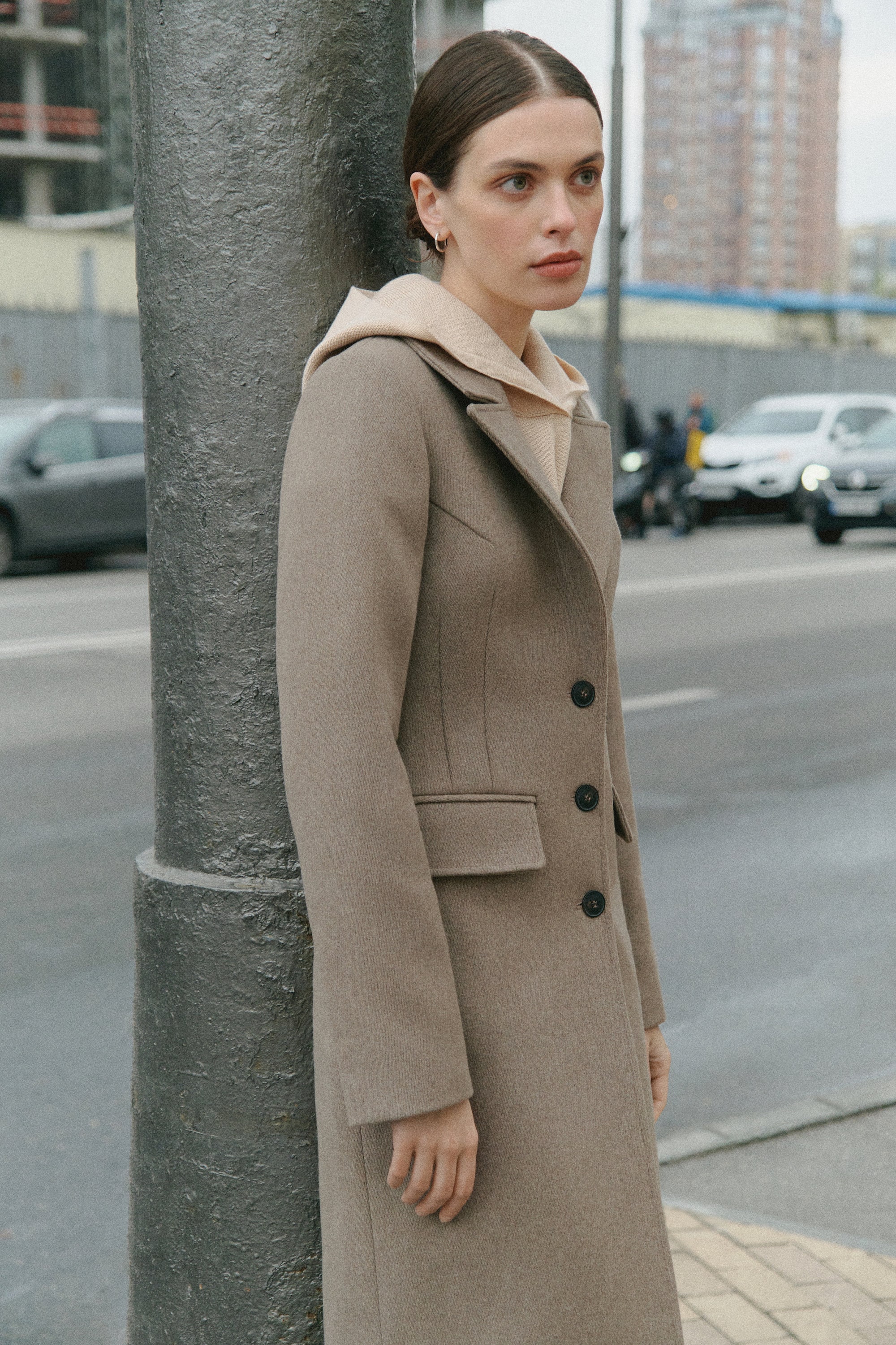 Fitted beige coat hotsell