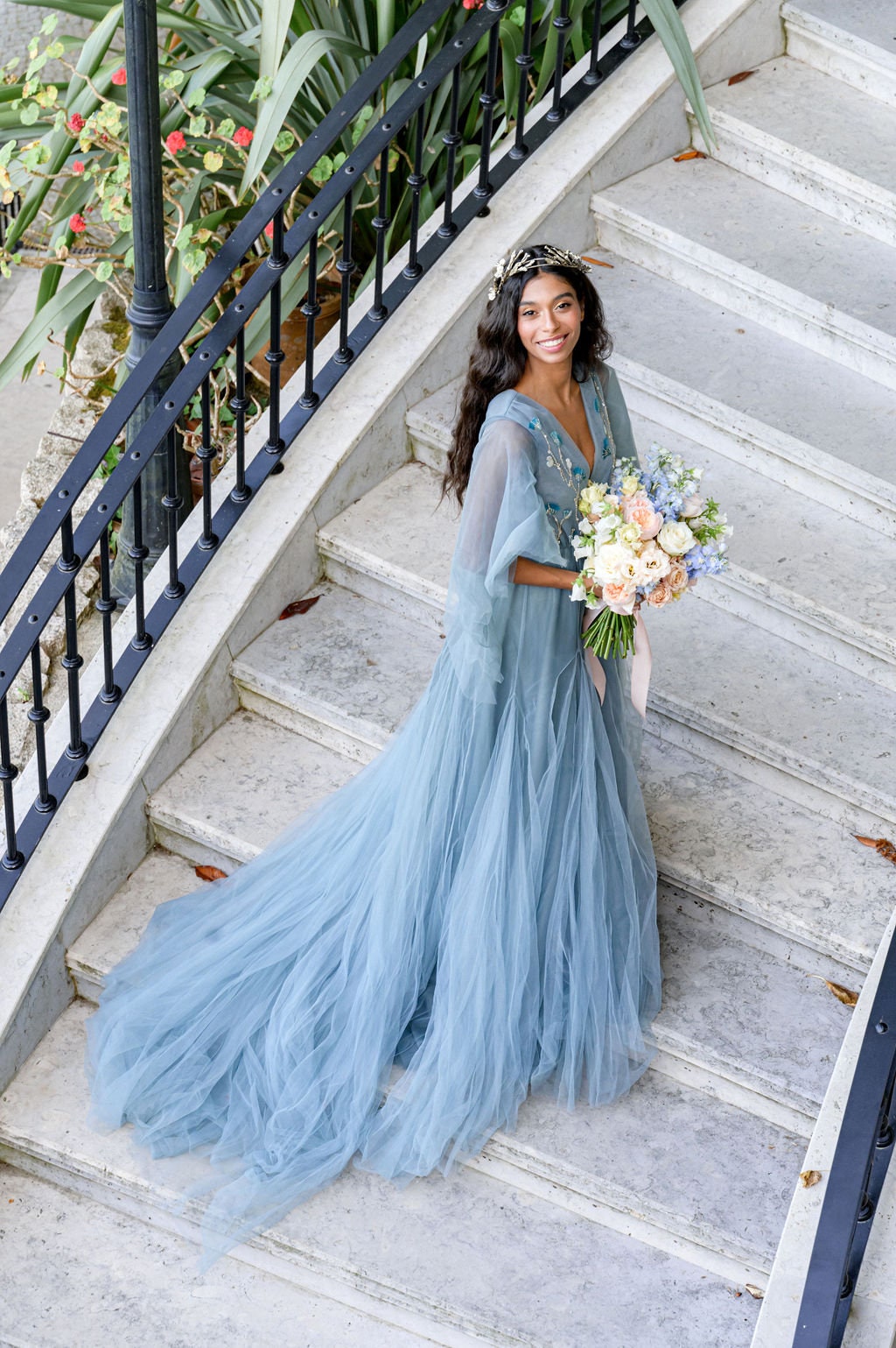 Ethereal Pale Blue Wedding Dress: Tulle Sleeves Floral bridal gown