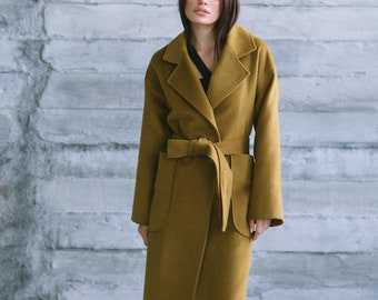 Soft Wool Mustard Coat / Autumn Wool Coat / Fall Wrap Coat