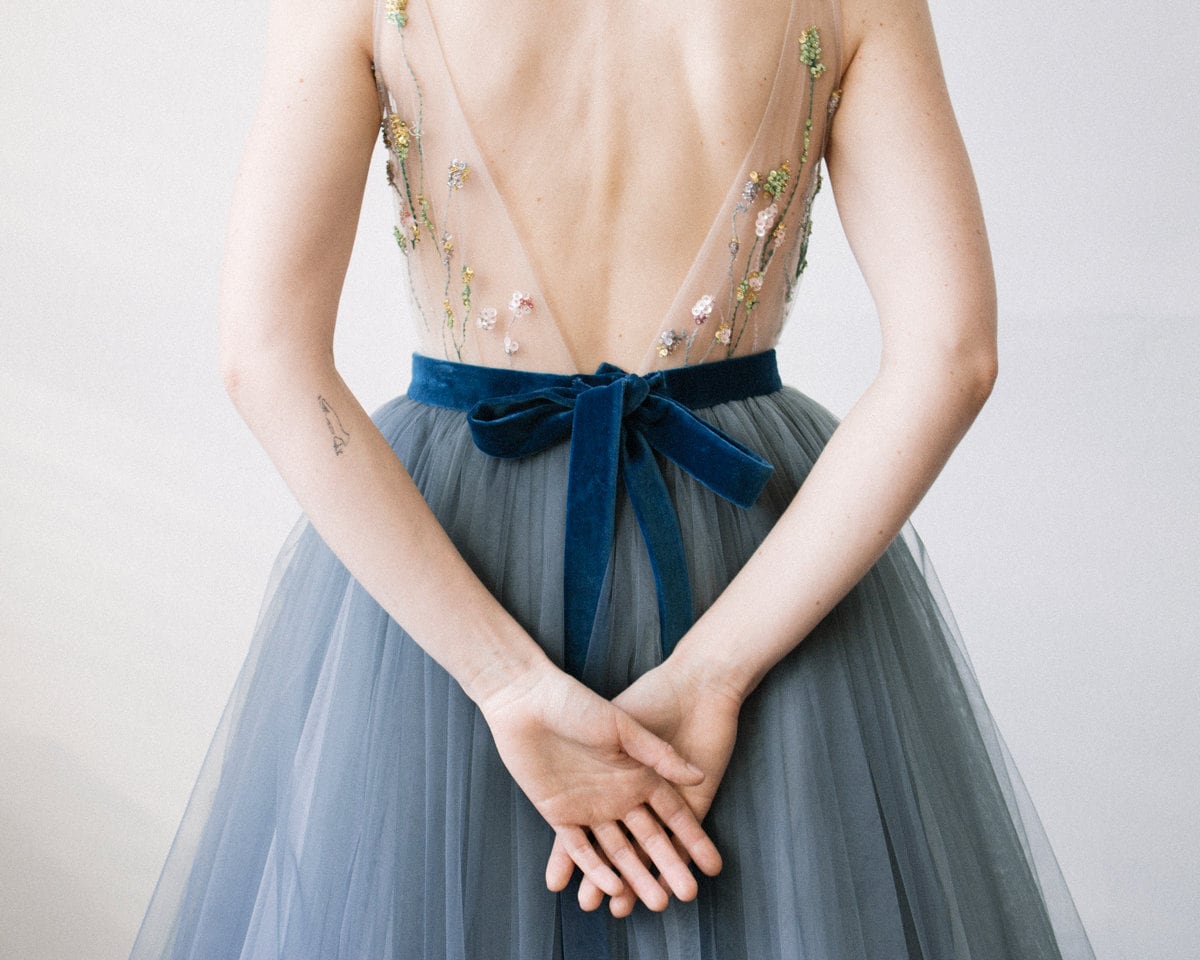 Floral wedding dress, Dark blue tulle bridal gown, Bridal bow sash dress, Bridal separates, Full A-line dress with V-neck // VALERIE