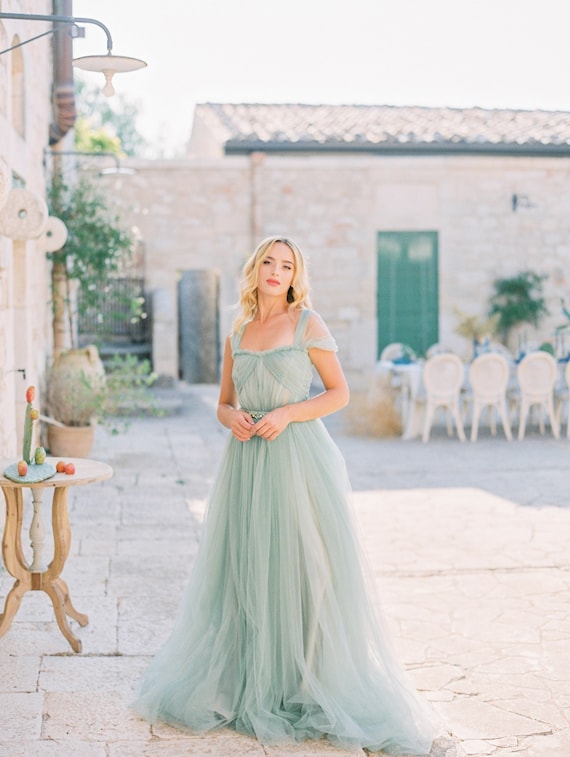 Off-Shoulder Corset Wedding Dress: Sage Green Tulle Ball Gown Off-Shoulder Corset Wedding Dress: Sage Green Tulle Ball Gown
