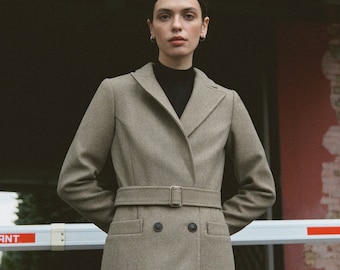 Warm gray moss coat / autumn wool tapered coat / Maxi long warm coat / winter fitted coat //