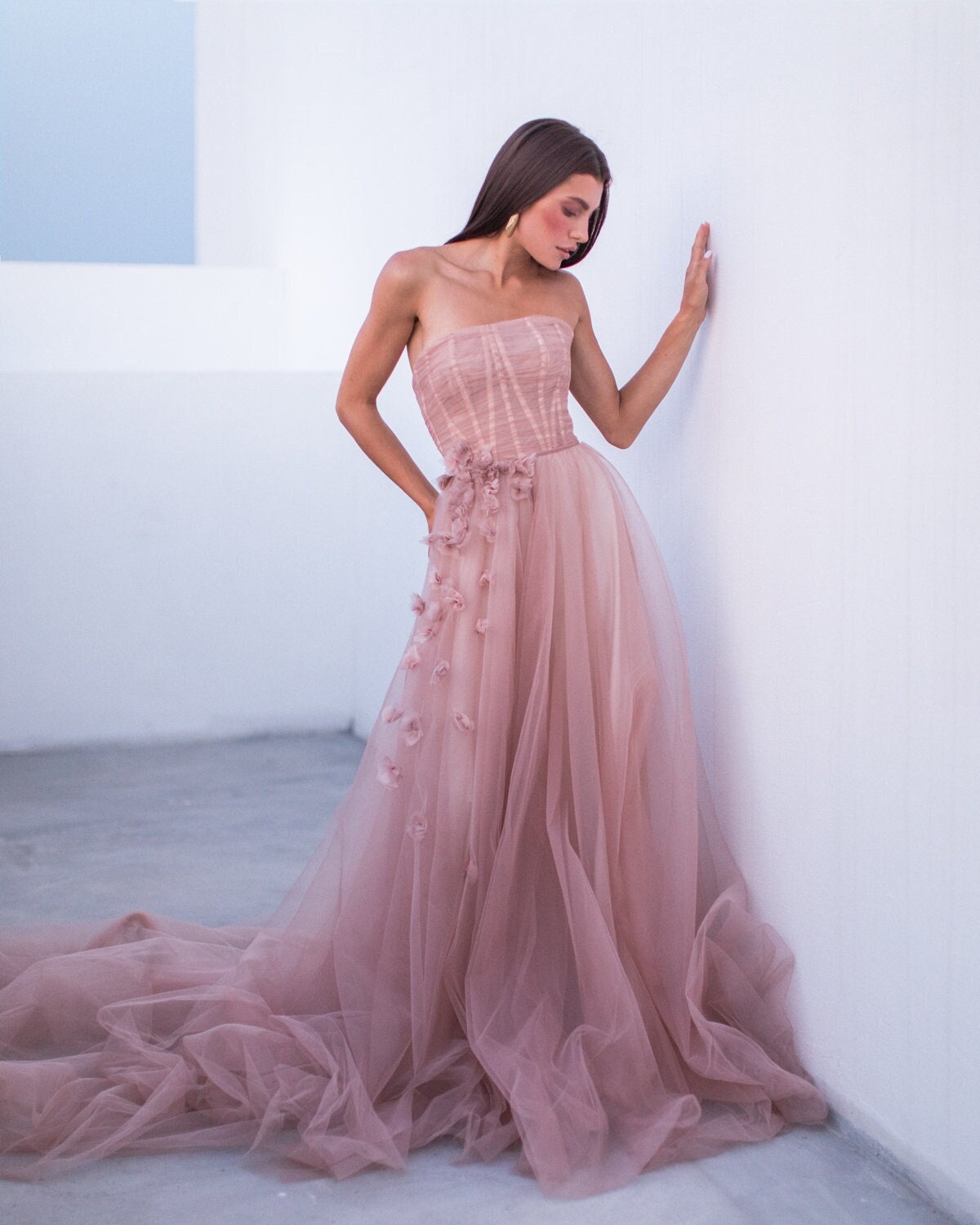 Blush Tulle Corset Wedding Dress: 3D Flower Bridal Gown
