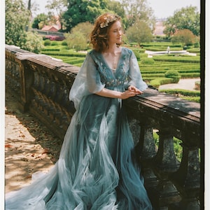 Voluminous tulle bridal dress / Pale blue sleeves wedding dress / Fairy wedding gown / hand embroidered wedding gown / Mermaid wedding dress