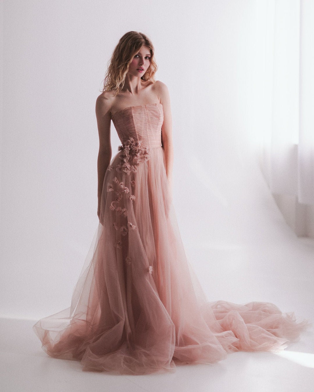 Draped Corset Bridal Dress / Blush Romantic Wedding Gown / Boning Tulle ...