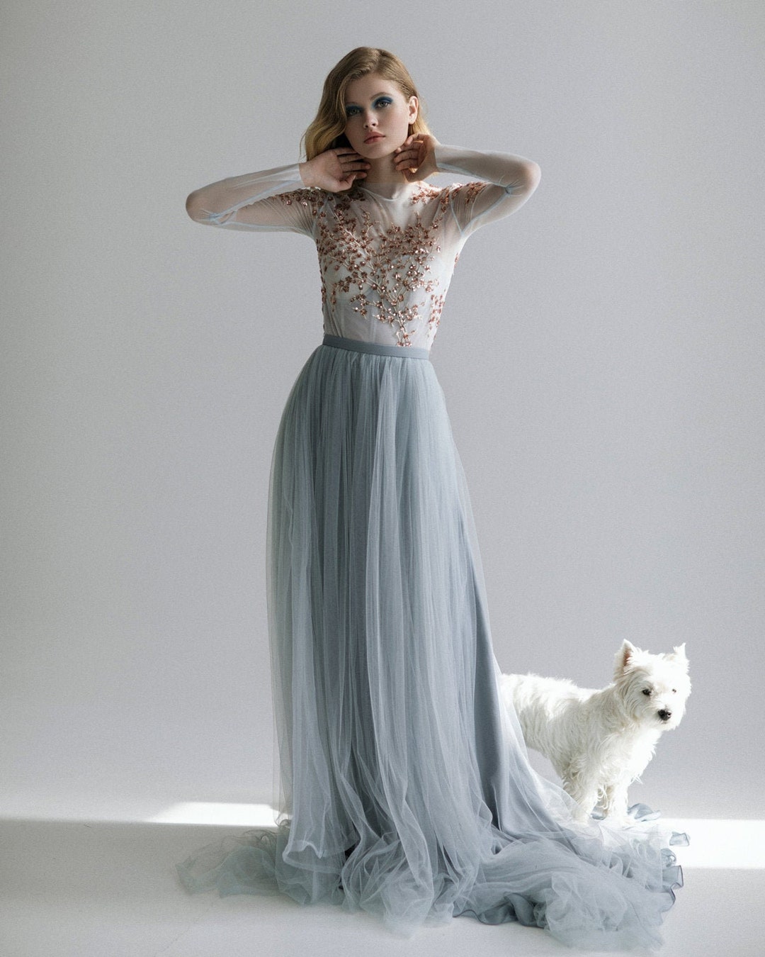 Pale Blue Tulle Wedding Dress / Hand Embroidered Wedding Gown / Corset ...