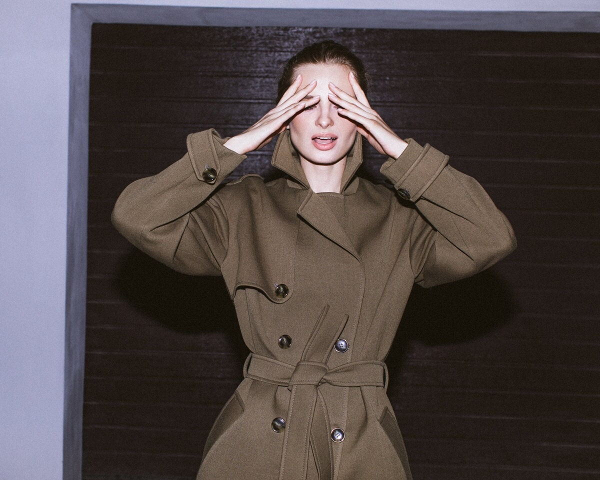 Khaki warm trench coat / Fall windproof overcoat / Long wool trench coat/ Double-breasted trench coat // BAILEY