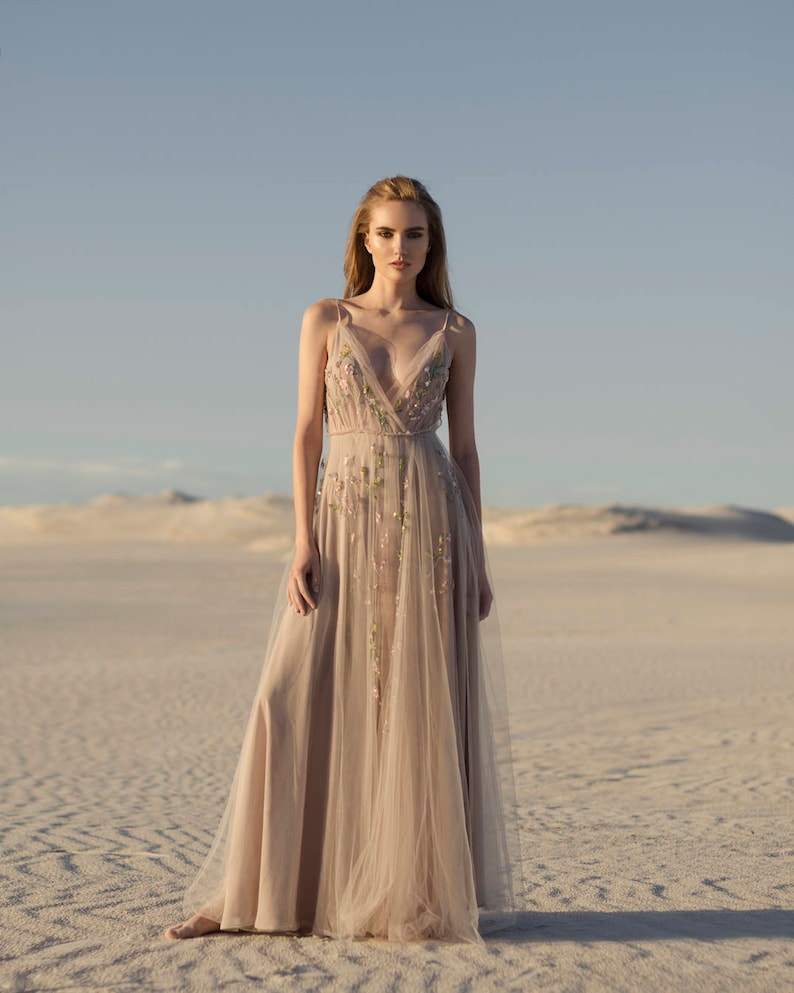 Beige wedding dress hand embroidered bridal gown Etsy