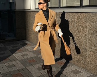 Camel wrap coat / Oversize wool coat / Winter warm coat / Lined wool overcoat / Fall long coat / women's camel coat