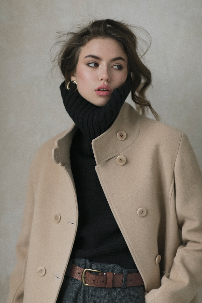 Camel Wool Coat With Stand Collar/beige Cashmere Coat/ Autumn Etsy