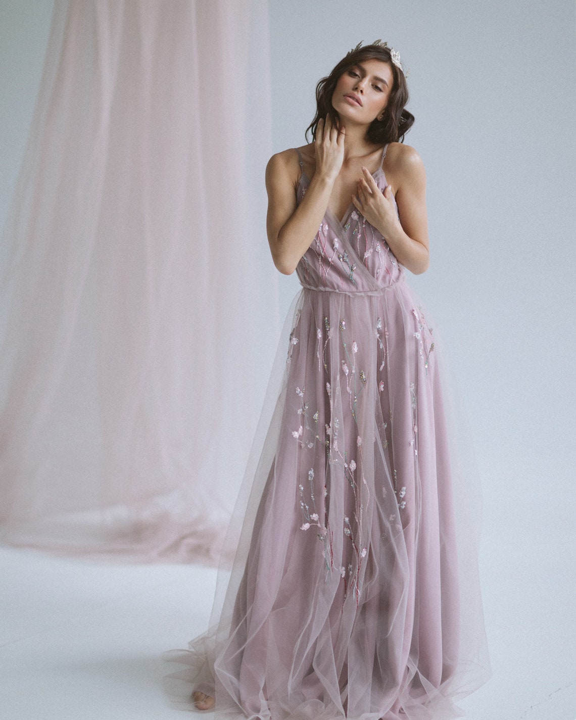 Pale blush Boho wedding dress / purple bridal gown / Colorful image 2