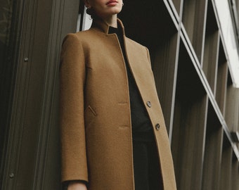 Short wool coat / Camel straight autumn coat / Winter wool jacket / Warm stand collar coat / Fall caramel coat