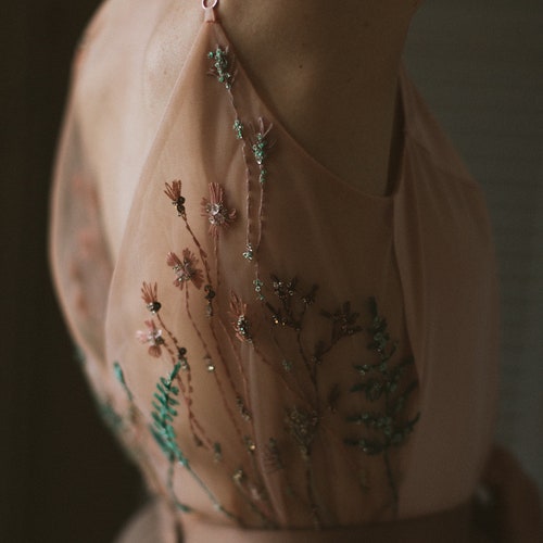 Tulle wedding gown, Embroidered Bridal full dress, Silk wedding gown, Pale bronze pink  Floral wedding dress, Airy wedding gown//