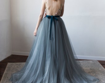 Dark blue wedding skirt, Tulle bridal full bow tie skirt ready to ship // VALERIE