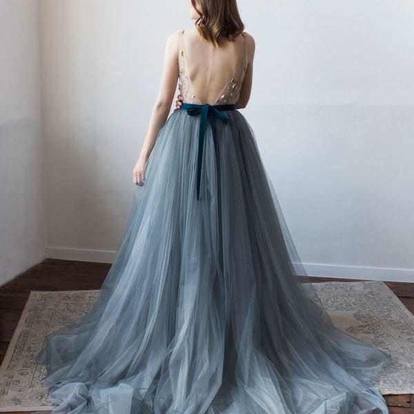 Dark blue wedding skirt, Tulle bridal full bow tie skirt ready to ship // VALERIE