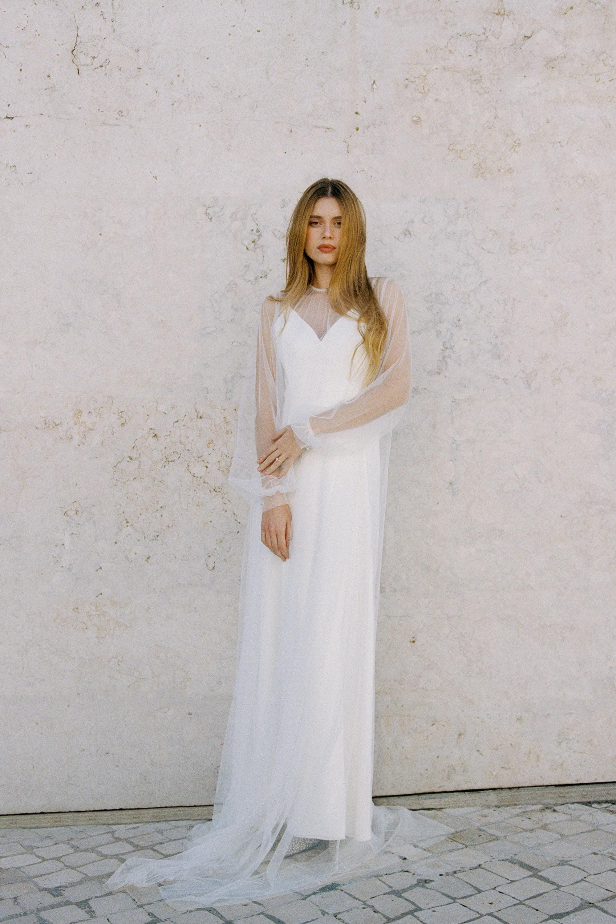 Long Sleeve Bridal Cape: Tulle Wedding Cover-up, Mesh Sheer Overlay - Etsy
