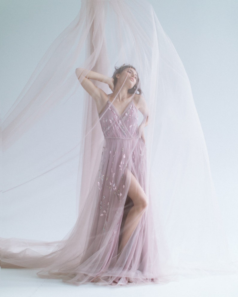 Boho wedding dress / Pale blush purple bridal gown / Front slit bridal dress / V-neck wedding gown / Fairy wedding dress // DIANE image 10