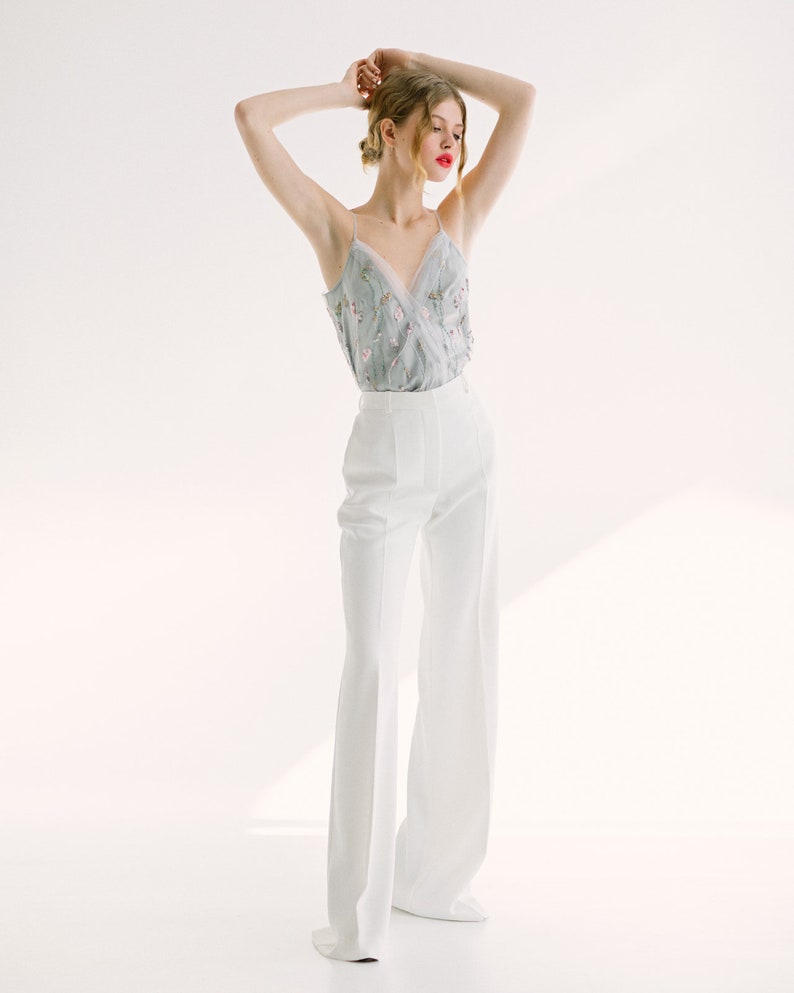 Silk bridal suit / Silk embroidered bridal suit/ Top and pants wedding suit / Simple bridal suit / Ivory wedding suit // LEEN image 4