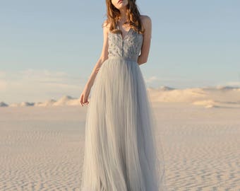 Boho blue and gray wedding dress / Tulle wedding gown // Roxany