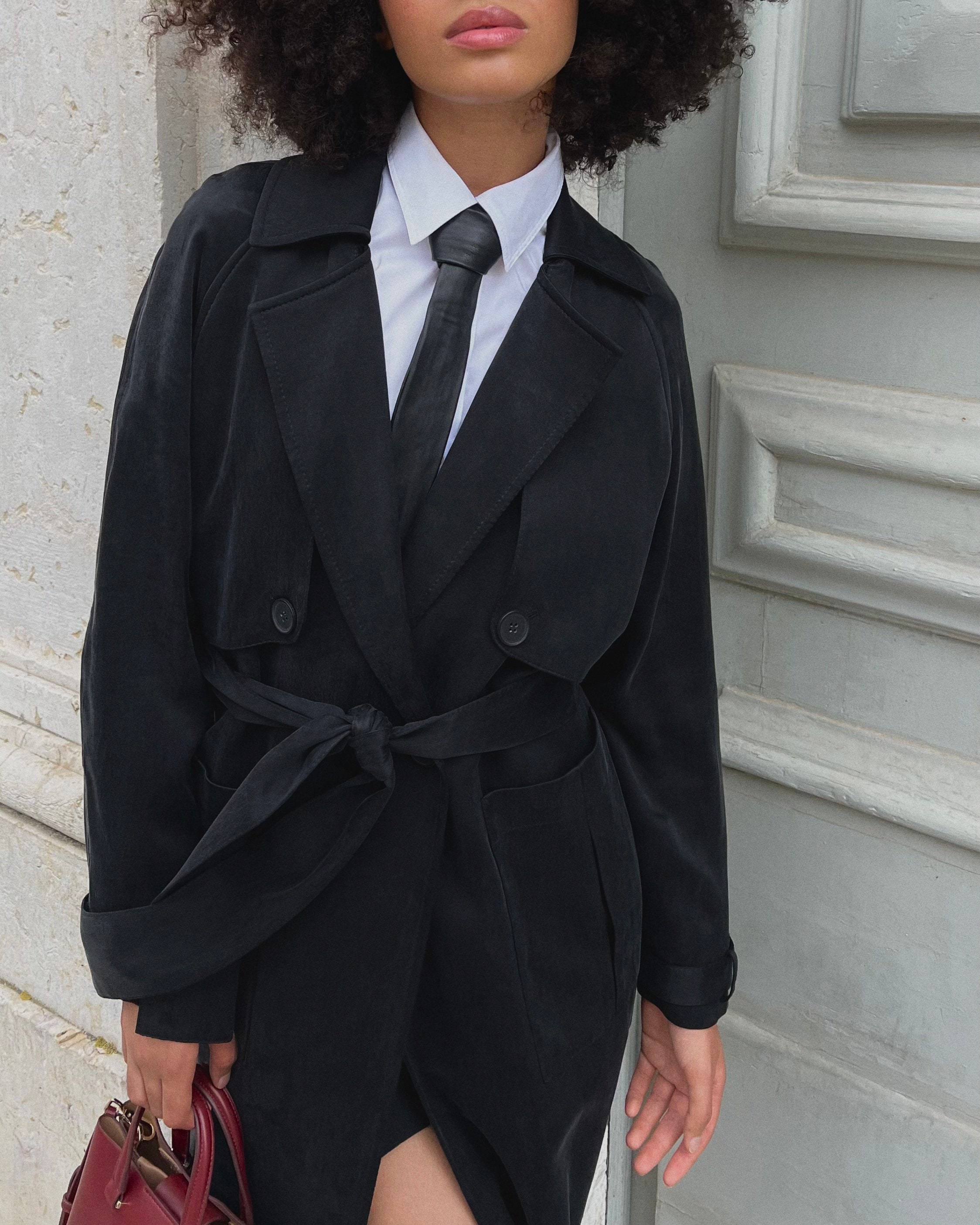 ジャケット・アウター REVERBERATE / LONG COAT / BLACK Silk Black Trench Coat / Long Cupro Spring Overcoat / Long