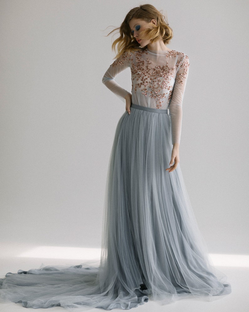 Pale blue tulle wedding dress / hand embroidered wedding gown / corset wedding dress // NOLA image 3