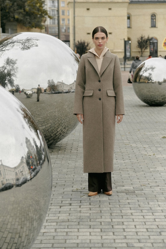 Winter Fitted Coat Warm Gray Beige Coat Autumn Wool Tapered