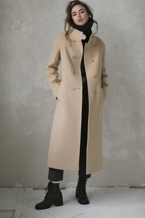 Camel Wool Coat With Stand Collar/beige Soft Wool Coat/ Autumn - Etsy