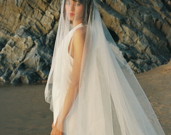 Può includere: Una persona indossa un abito da sposa bianco e un velo su una spiaggia. L'abito senza maniche arriva fino a terra. Il velo trasparente copre la testa e le spalle. Lo sfondo presenta una scogliera rocciosa e sabbia.