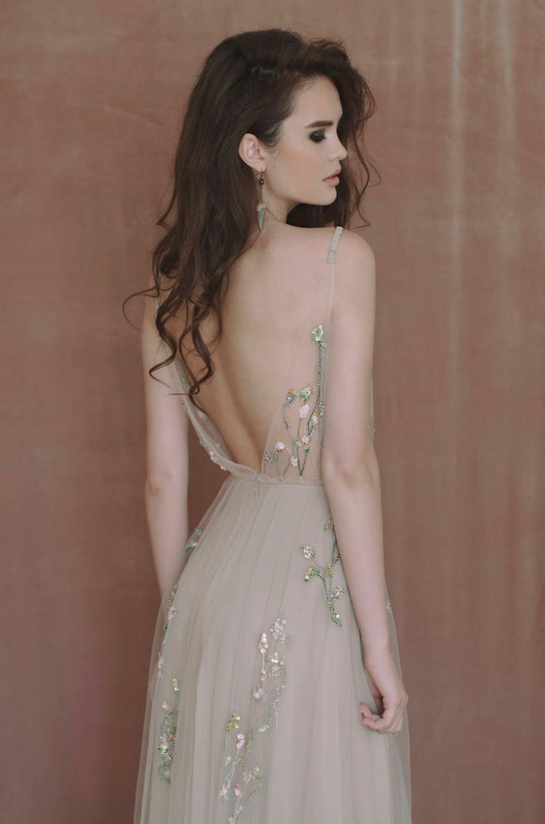 Beige wedding gown, hand embroidered wedding dress, bridal gown