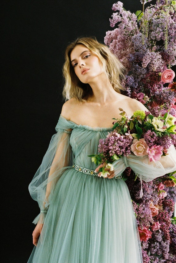Sage Green Tulle Wedding Gown, Detachable Puff Sleeves Bridal Separates - Etsy UK Sage Green Tulle Wedding Gown, Detachable Puff Sleeves Bridal Separates - Etsy UK