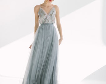 Blue and gray wedding dress/ Silk wedding gown/ bohemian bridal dress / Pale blue bridal gown / V-neck wedding separate / CARLY