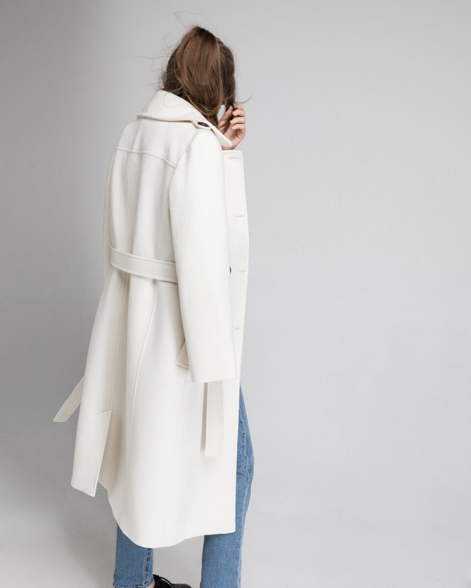 Ivory Wool Coat / Cream Wool Trench Coat/ Double-breasted