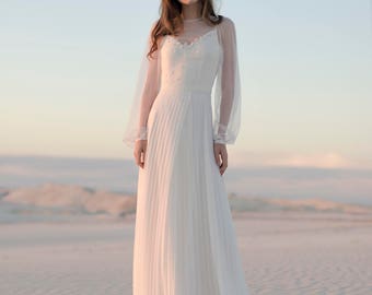 Romantic bridal gown / Silk and chiffon wedding dress / Mesh sleeves wedding gown / plated wedding dress / Side slit bridal dress //  ALYN