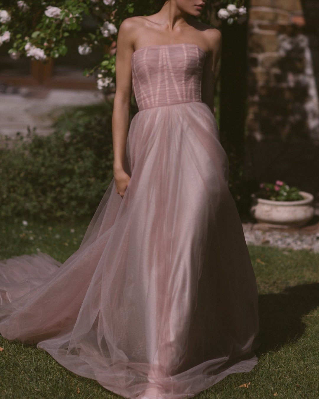 Draped Corset Bridal Dress / Blush Romantic Wedding Gown / Boning Tulle ...