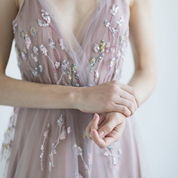Boho wedding dress / Pale blush purple bridal gown / Front slit bridal dress / V-neck wedding gown / Fairy wedding dress // DIANE