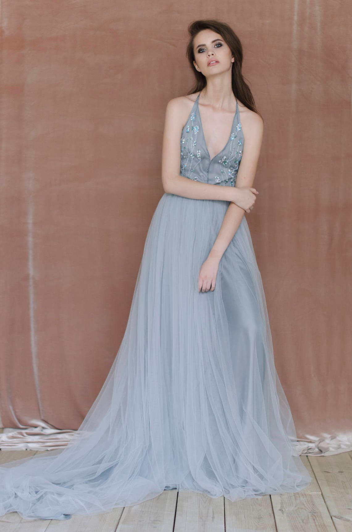 Blue and Gray Wedding Gown / Tulle Wedding Dress - Etsy